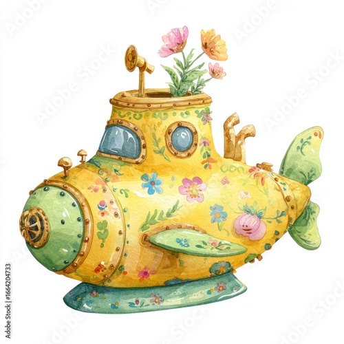 Whimsical yellow submarine, decorated with flowers