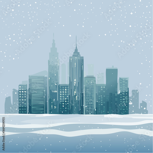 Stylized illustration of a snowy cityscape with towering modern skyscrapers and gently falling snow creating a serene winter atmosphere