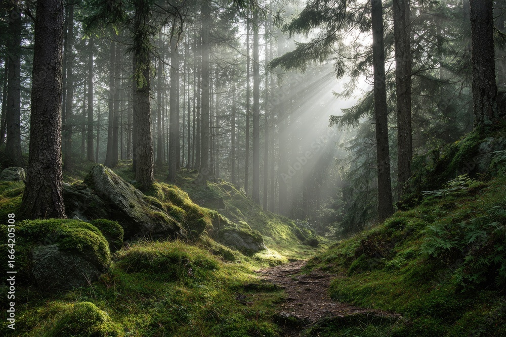 Obraz premium Sunlight streams through a misty forest path (1)