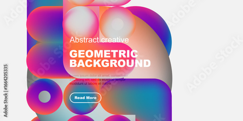 Vibrant fluid shapes overlap. Bold text proclaims geometric background. Button invites further exploration. Modern design elements present.