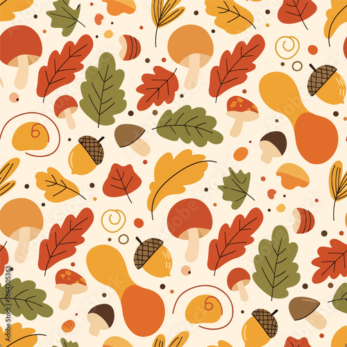 Seamless Pattern, Autumn themed seamless pattern with leaves, acorns, and mushrooms in warm colors Stock royalty free.