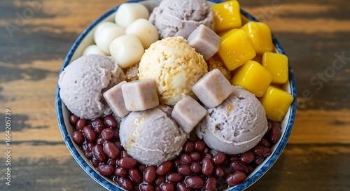 Taro Ice Cream Dessert Bowl with Mango, Red Beans, and Mochi Balls.