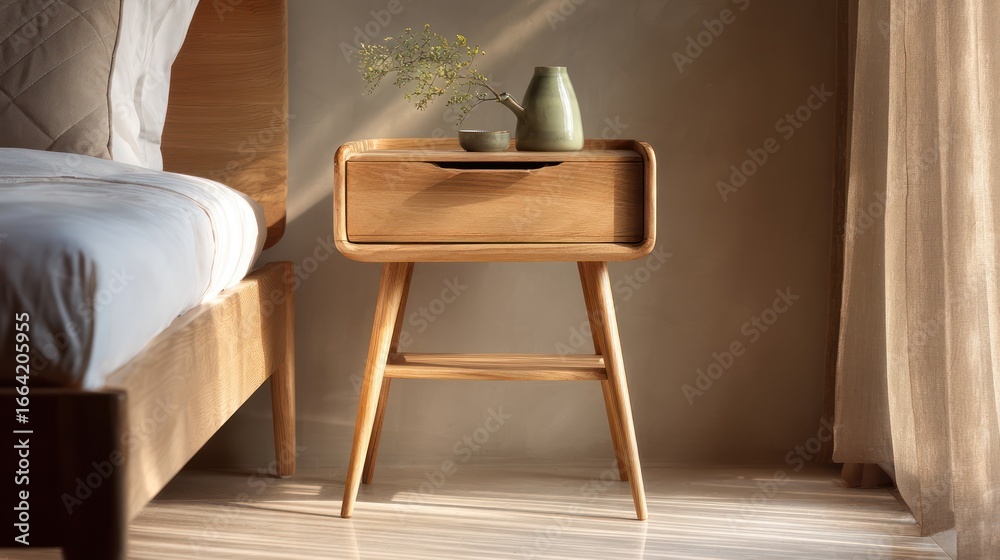 custom made wallpaper toronto digitalA light wooden nightstand in a bedroom, featuring a simple design and a warm aesthetic
