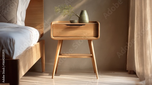 A light wooden nightstand in a bedroom, featuring a simple design and a warm aesthetic