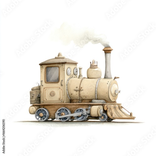 Whimsical vintage steam train, light beige, detailed