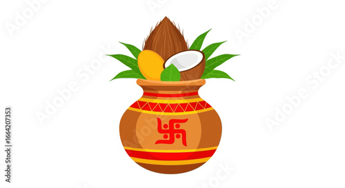 Traditional Hindu Kalash pot with coconut, mango, and leaves, featuring a Swastika symbol.