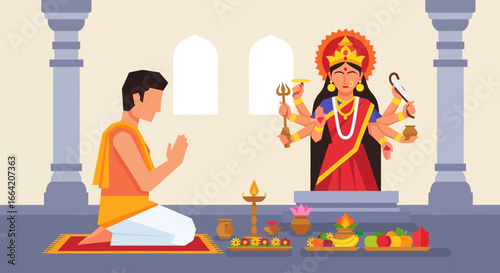 A man kneeling in prayer before a vibrant depiction of a multi-armed Hindu goddess, with offerings.