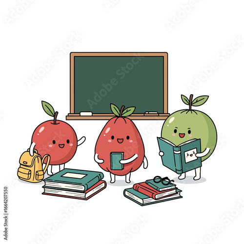 Seamless Pattern, Cartoon fruits learning with books and blackboard in a cute classroom scene Stock royalty free image.
