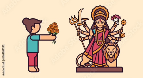 Stylized illustration of a devotee offering a bouquet of flowers to the Hindu goddess Durga, depicted with her iconic lion mount.