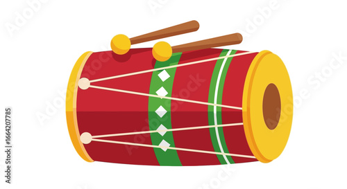 A vibrant illustration of a traditional red and green dhol drum with two beaters.