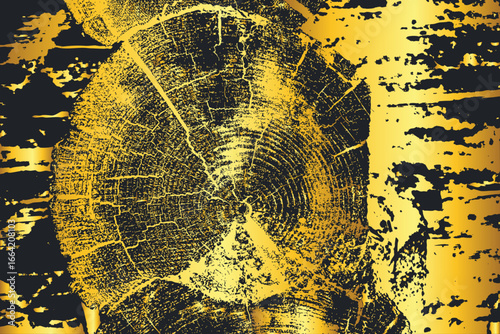 High resolution illustration of gold tree trunk cross section with detailed growth rings and natural cracks. Artistic wood grain texture in contrasting golden and dark tones for creative design projec