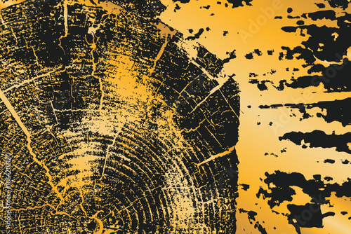 High resolution illustration of gold tree trunk cross section with detailed growth rings and natural cracks. Artistic wood grain texture in contrasting golden and dark tones for creative design projec