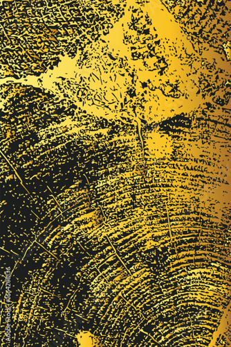 High resolution illustration of gold tree trunk cross section with detailed growth rings and natural cracks. Artistic wood grain texture in contrasting golden and dark tones for creative design projec