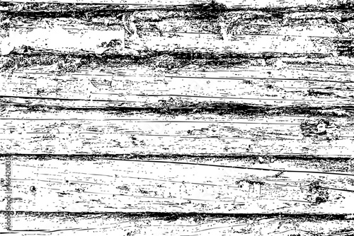 High contrast illustration of rustic wooden planks with a distressed grunge effect. Features scratches, cracks, and weathered details, perfect for vintage, retro, and abstract design backgrounds.
