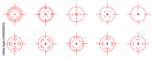 Collection of red vector crosshair icons. Futuristic sniper reticle symbols for weapon scopes, shooting games, HUD interfaces, military aim focus, combat navigation, and digital targeting graphics.