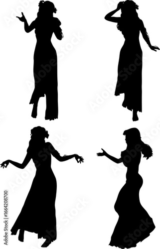 Black silhouette of a graceful woman wearing a flowing dress in a graceful gesture. Her detailed outline suggests elegance, movement, and expressive posture. Detailed fairy or nymph girl silhouette.