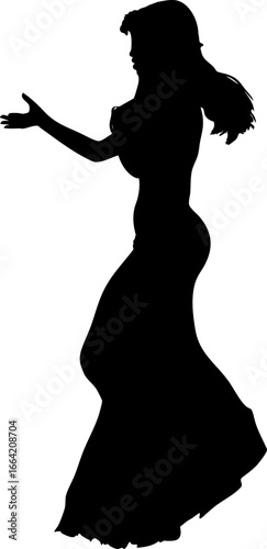 Black silhouette of a graceful woman wearing a flowing dress in a graceful gesture. Her detailed outline suggests elegance, movement, and expressive posture. Detailed fairy or nymph girl silhouette.