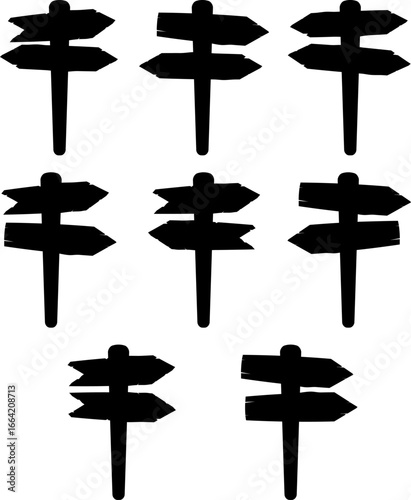 Illustration of set of wooden signpost with directional arrows silhouette. Clean black outline ideal for logos, stencils, icon design, and navigation-themed graphics.
