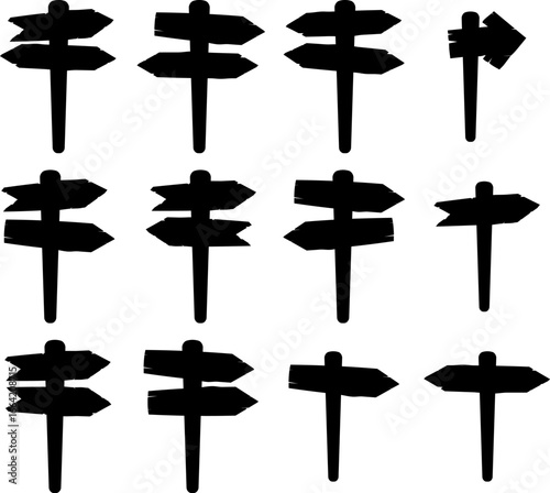 Illustration of set of wooden signpost with directional arrows silhouette. Clean black outline ideal for logos, stencils, icon design, and navigation-themed graphics.