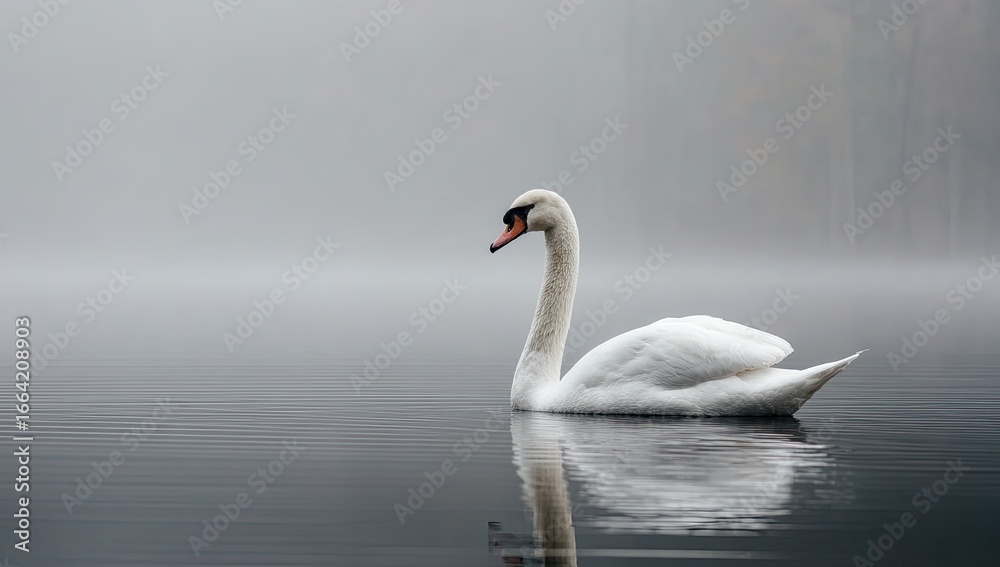 Fototapeta premium A solitary swan glides serenely on a misty lake