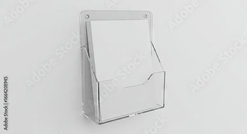 A clear acrylic wallmounted brochure holder filled with white paper on a light grey wall