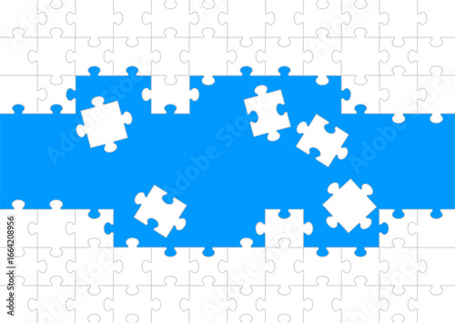 White jigsaw puzzle pieces create a minimalist border as abstract background. The design highlights concepts of connection, teamwork, problem solving, game, and education. White puzzle banner design
