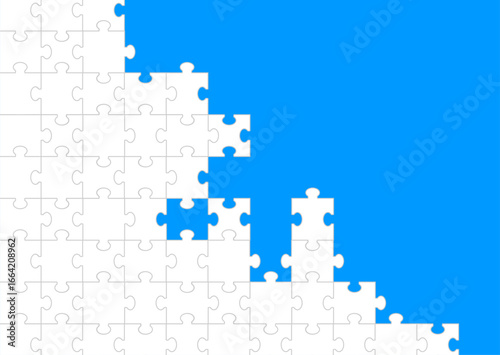 White jigsaw puzzle pieces create a minimalist border as abstract background. The design highlights concepts of connection, teamwork, problem solving, game, and education. White puzzle banner design