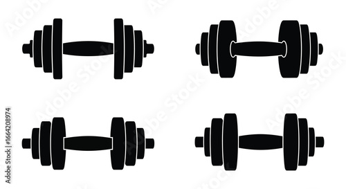 Black silhouette dumbbells in different positions on white background