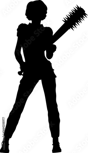 Abstract silhouette of a confident woman standing with a large spiked bat. The powerful pose and weapon detail create a strong, edgy, and rebellious visual for bold design concepts.