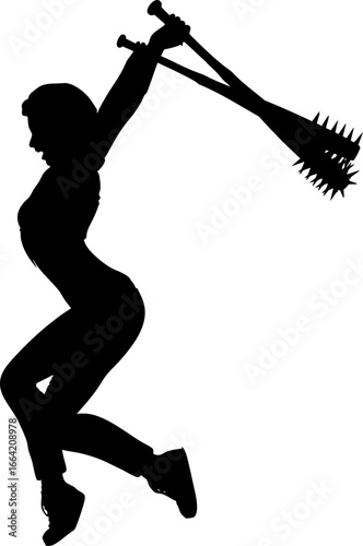 Abstract silhouette of a confident woman standing with a large spiked bat. The powerful pose and weapon detail create a strong, edgy, and rebellious visual for bold design concepts.