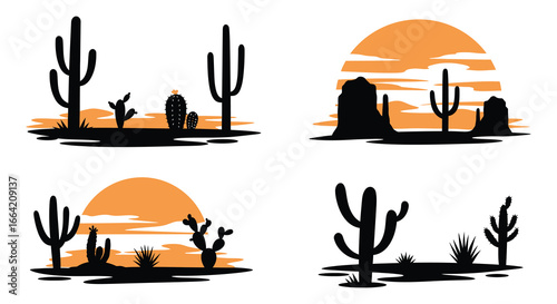 Desert landscape with cacti and rock formations at sunset