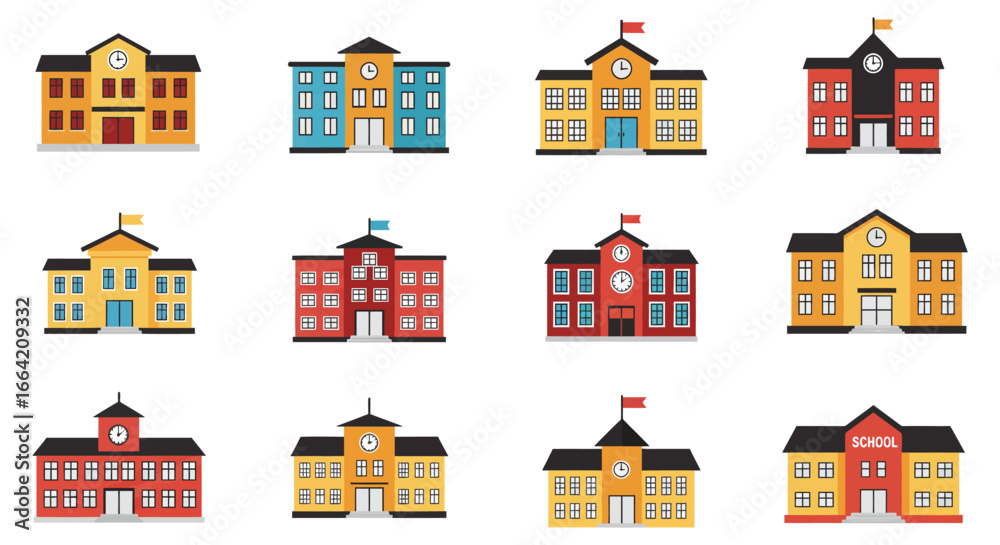 Collection of colorful cartoon school buildings in various architectural styles Collection of colorful cartoon school buildings in various architectural styles