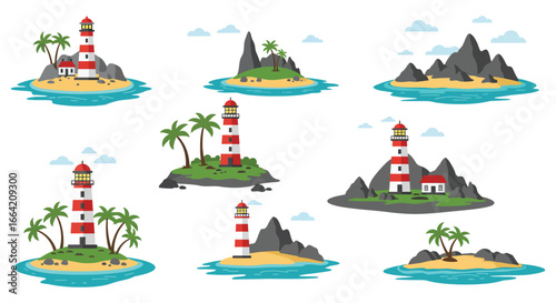 Collection of cartoon lighthouses on small islands with palm trees and rocky shores