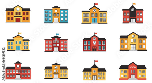 Collection of colorful cartoon school buildings in various architectural styles