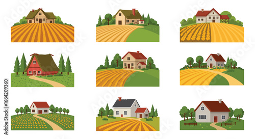Farm houses and fields in a rural landscape setting with trees and crops