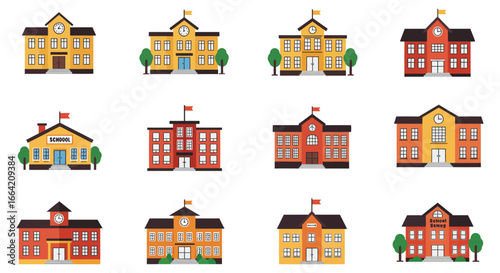 A collection of colorful cartoon school buildings and educational architecture