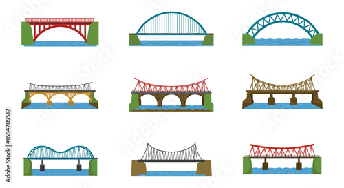 Collection of different bridge types and designs in various colors