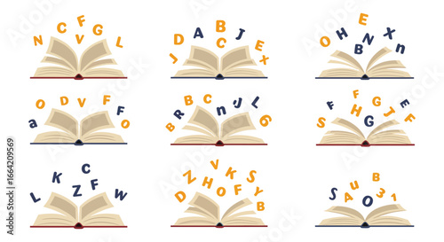 Alphabet letters emerging from open books in a creative arrangement