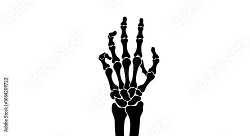 A stark, black and white illustration of a human hand skeleton, fingers extended.