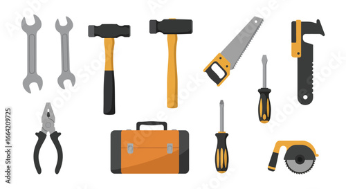 Collection of various hand tools and equipment for construction and repair work