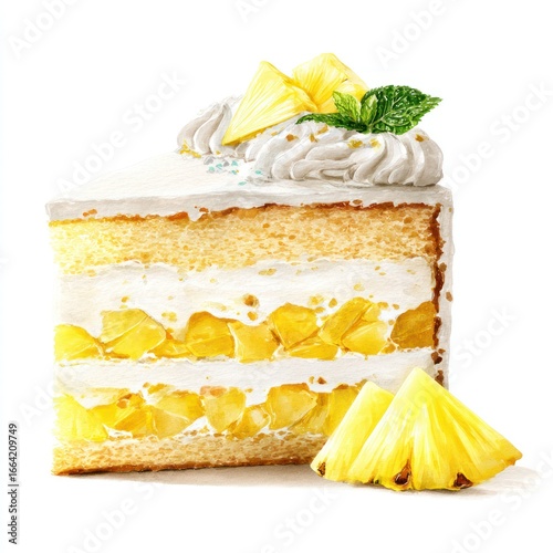 Pineapple cake slice, creamy frosting