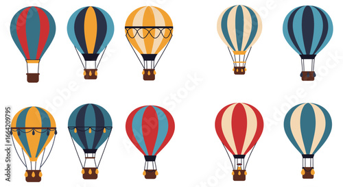 Colorful hot air balloons flying in the sky with various designs