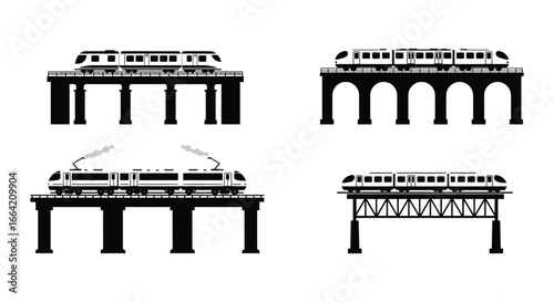 Trains on different types of bridges and viaducts in silhouette
