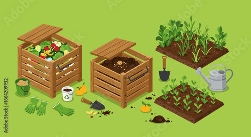 Isometric composting and gardening essentials with wooden bins and green vegetables