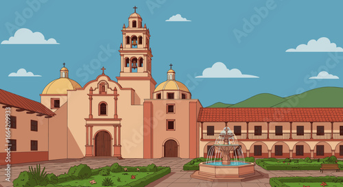 Historic mission church with courtyard fountain and mountain views