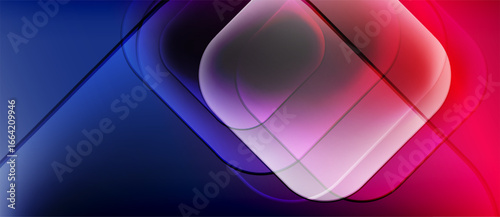 Abstract geometric shapes, vibrant colors blend. Blue transitions to pink, creating dynamic visual effect. Modern design, smooth gradients dominate composition.