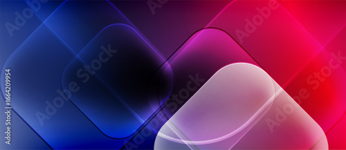 Abstract background features overlapping squares, vibrant blue, purple, pink gradients. Smooth transitions create modern visual effect.
