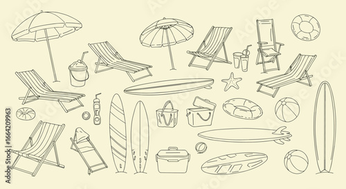 Summer beach outline collection featuring surfboards, umbrellas, and lounge chairs in minimalist style