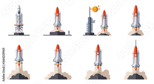 Rocket ship launch sequence illustrations in various stages of flight