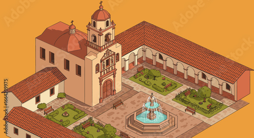 Historic mission courtyard with church and fountain in isometric view